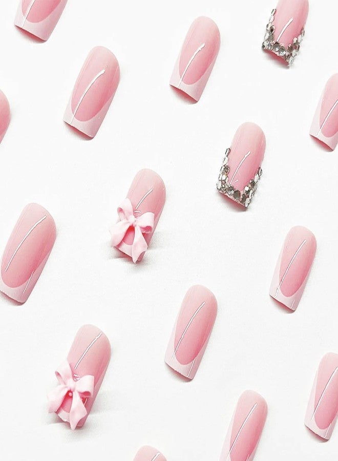 LRKNNO French Tip Press on Nails Short Square, LRKNNO Pink Fake Nails with Charms Designs Cute Glue on Nails White Nail Tips Full Cover Acrylic Nails Bows False Nails for Women Girls DIY Manicure Salon 24Pcs - Image 5